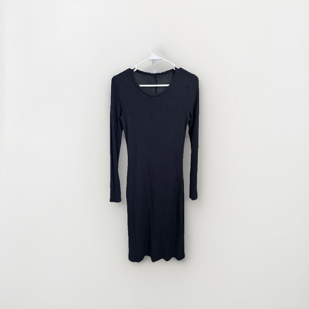 Reformation Minimalist Ribbed Knit Long Sleeve Bodycon Black Midi Dress S